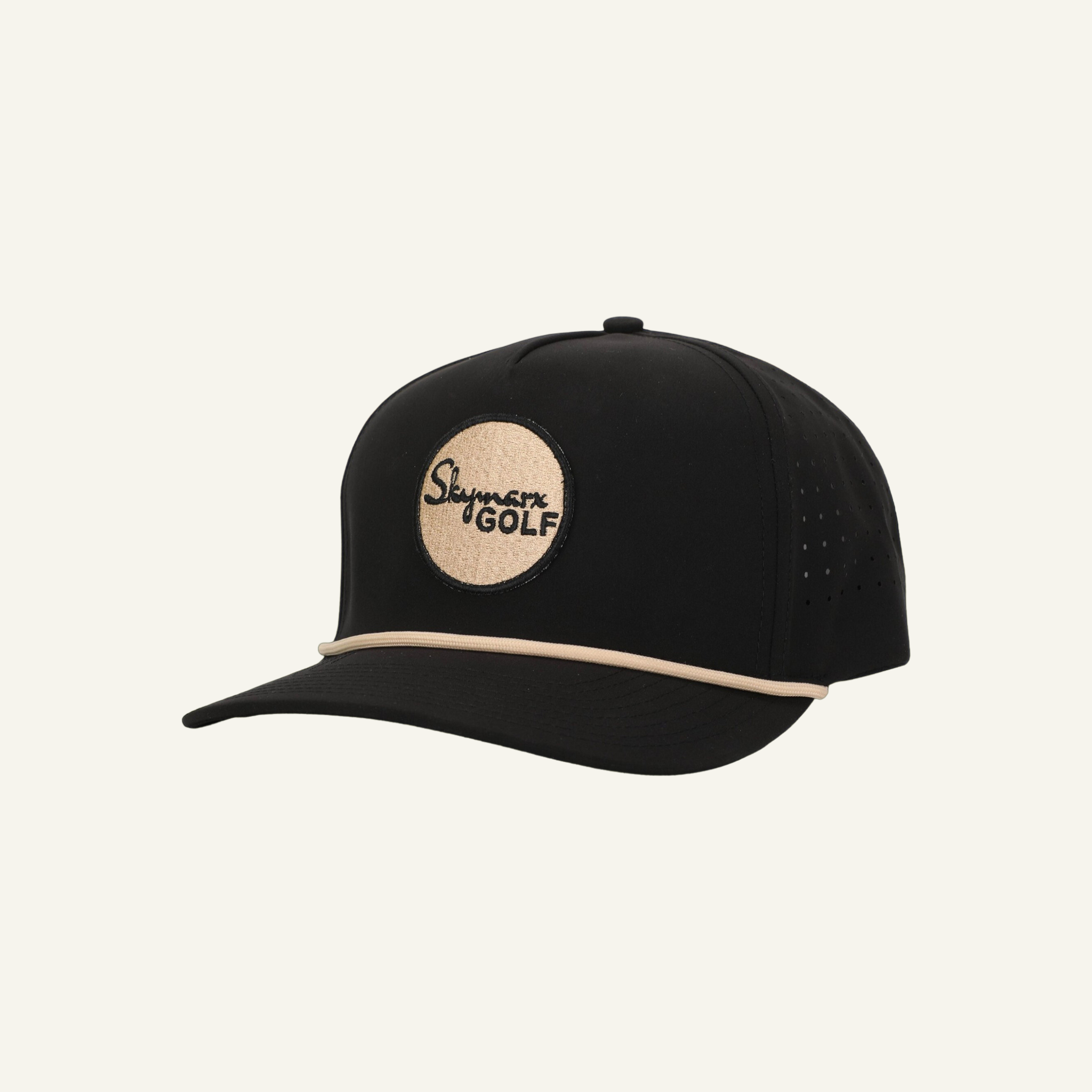musta unisex golflippis kultaisella logolla 5 panel