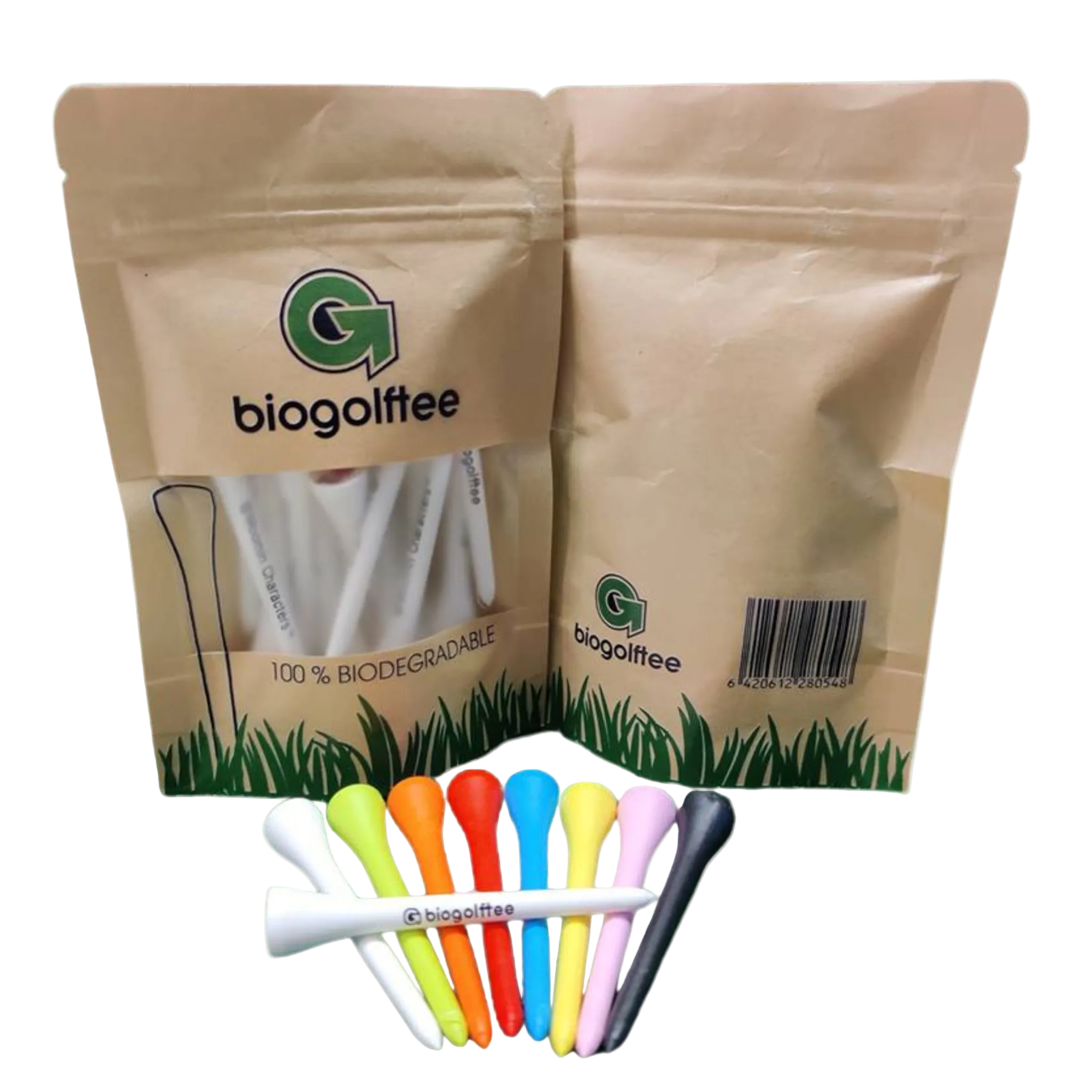 biogolftiit asiakkaan omalla logolla ja tekstillä